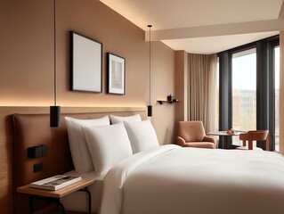 Fototapeta premium Modern hotel room with neutral tones, large windows, cozy seating area, and minimalist decor for a comfortable and stylish stay