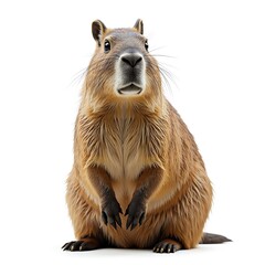 Fototapeta premium Capybara Sitting Upright Looking Forward on White Background