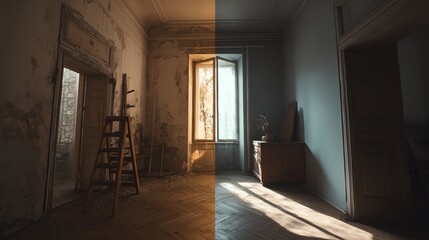 A room split in half shows a dramatic renovation: one side old and worn, the other freshly renovated with clean walls and modern decor