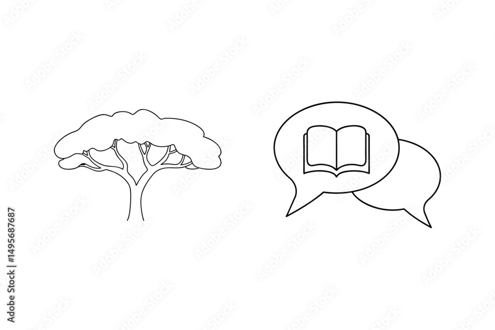 Poster black and white illustration of a tree and open book within speech bubbles depicting learning
