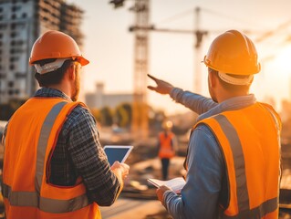 Two construction workers in safety vests and helmets discuss plans at a building site during sunset, holding a tablet and clipboard