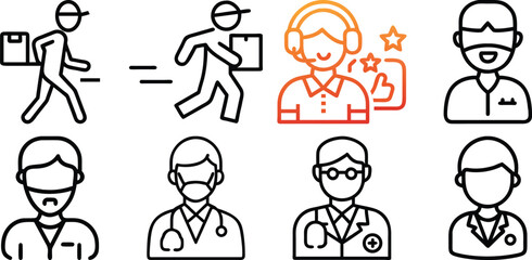 Set of  outline icons related to professions. Linear icon collection. Editable stroke. Vector illustration Adobe illstator 