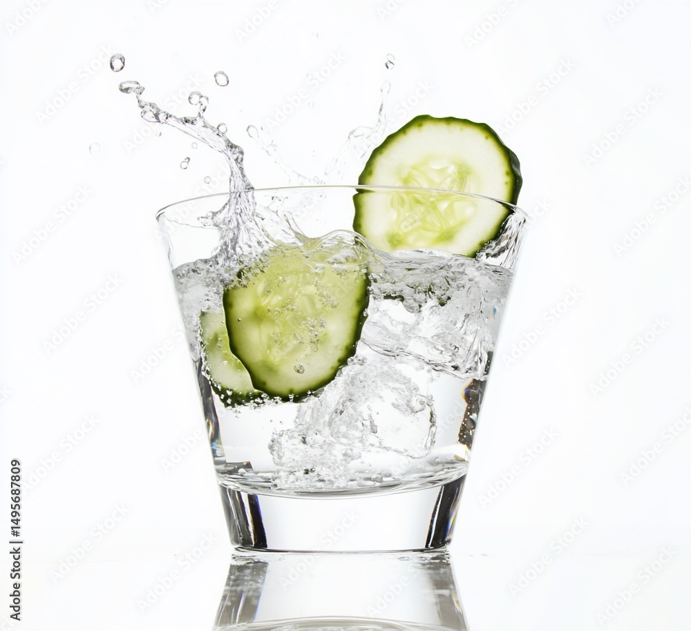 Poster sparkling water with cucumber slices splashing in a glass.