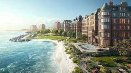 Coastal cityscape view of modern residential buildings.