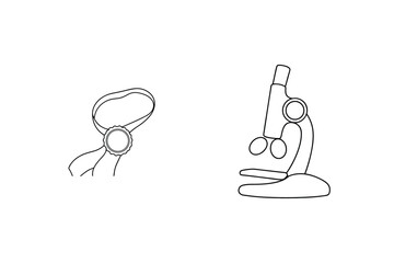 Simple black and white outline of microscope and award ribbon on white background