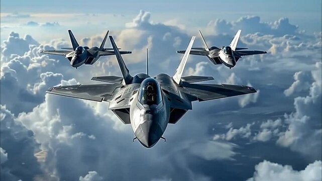 F22 Raptors soar in formation against a backdrop of swirling clouds