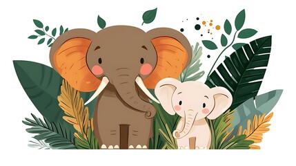 Fototapeta premium 可愛い象親子と熱帯植物