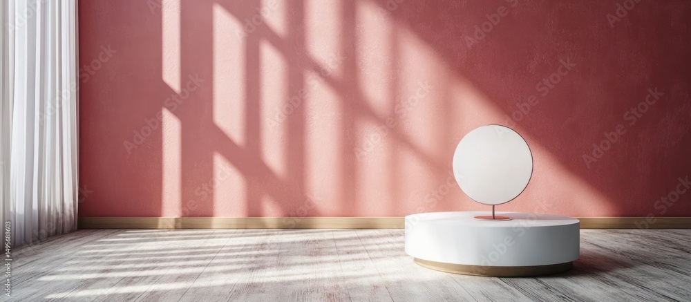 Poster illuminated serene studio setting with pastel walls and minimalist platform