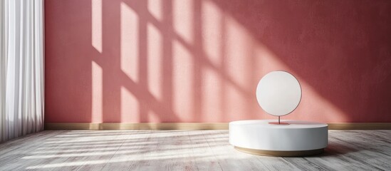 Illuminated serene studio setting with pastel walls and minimalist platform