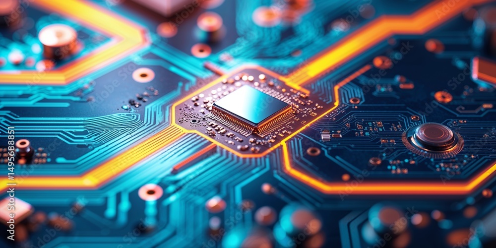 Poster close-up of a computer circuit board showcasing intricate designs and glowing connections during a t