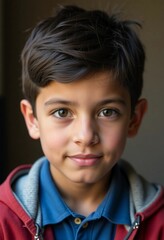 Obraz premium In a warm and inviting environment, a young boy from Chechnya gazes directly at the viewer, his lively eyes reflecting a mix of curiosity and innocence, embodying youthful spirit Generative AI
