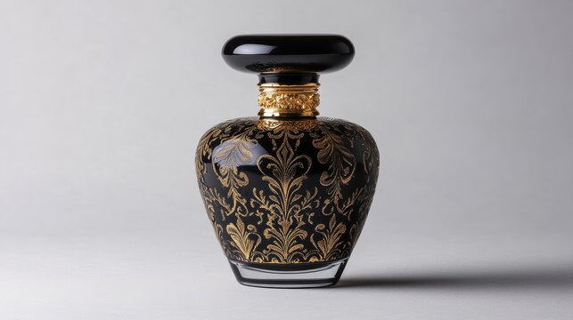 Elegant, ornate perfume bottle design against a plain background.