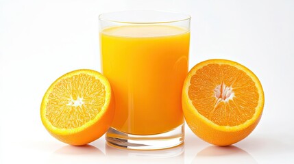 Fresh Orange Juice with Sliced Oranges on White Background

