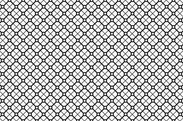 Abstract black-and-white geometric pattern with interlocking diamonds and circles. Symmetrical grid, thin precise lines, minimalist high-contrast design. Clean, decorative, repeating motif.