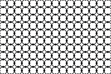 Abstract black and white geometric pattern of white circles connected by curved lines forming a symmetrical diamond grid. Minimalist, high-contrast design with repetitive, decorative motif.