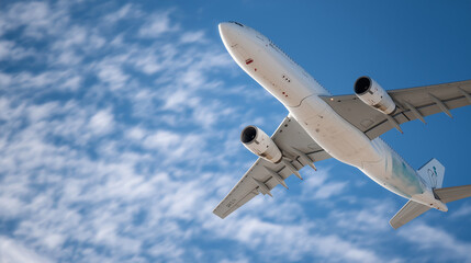 Airplane soaring in clear blue sky with fluffy clouds