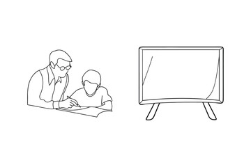 A teacher guiding a student with a blank board for education and learning concepts