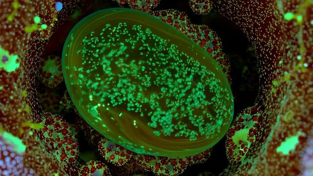 Close up underwater view of a vibrant green tunicate surrounded by soft red and blue coral in abstract ocean environment