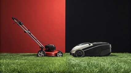 Fototapeta premium Rotary Lawnmower vs Robotic Lawnmower Contrast,Vintage Red and Black Split-Screen,Lawn Care Tech Evolution