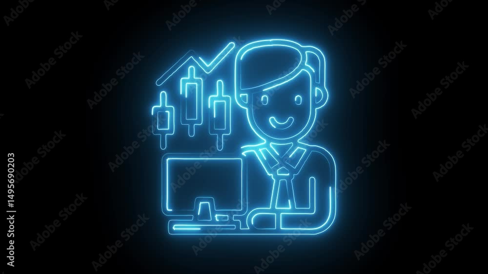 Poster neon trader character with rising stock market chart analysis concept glowing