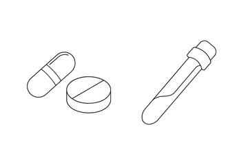 Isometric line drawing of medical pills and a test tube representing health and medicine