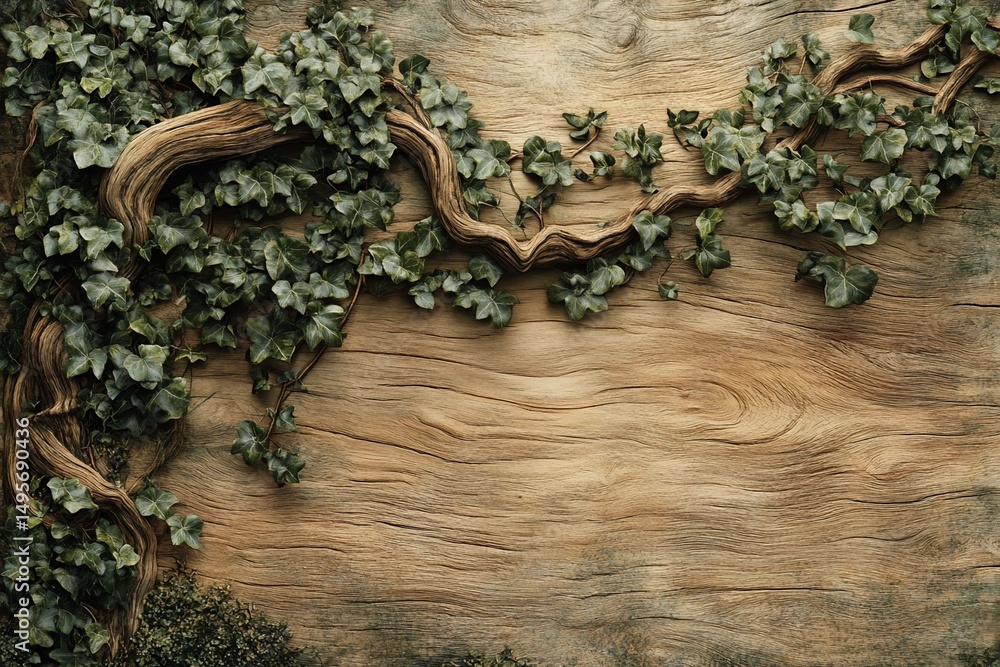 Poster ivy vine on rustic wooden background with copy space.