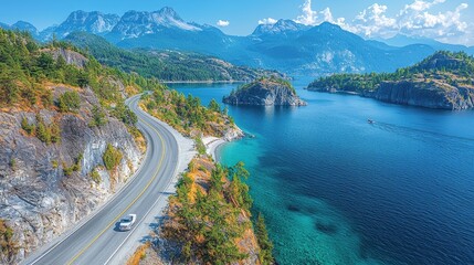 Scenic mountain road winding along a tranquil lake.