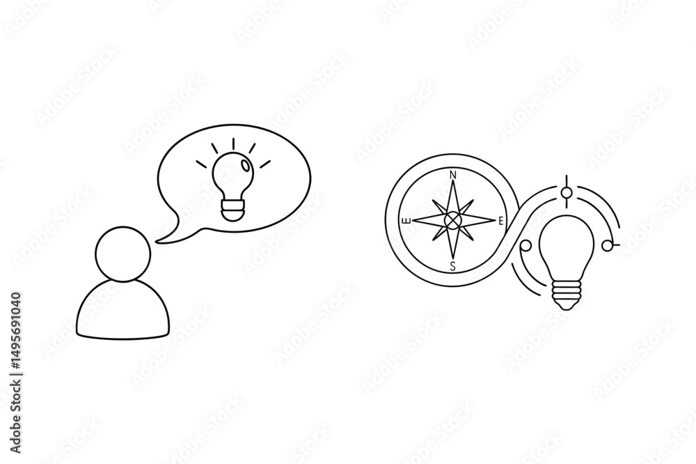 Poster finding direction and innovation represented by a compass and lightbulb idea concept