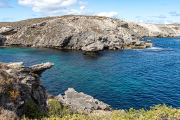 Curious rock formations at Fish Hook Bay on Cape Vlamingh on the west coast of Rottnest Island,...