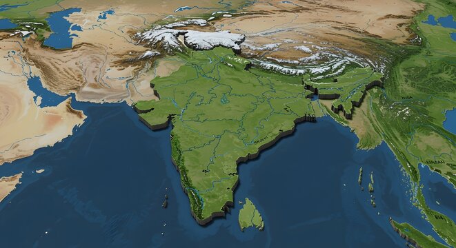 Detailed 3D Relief Map of the Indian Subcontinent Geography, Topography, and Rivers