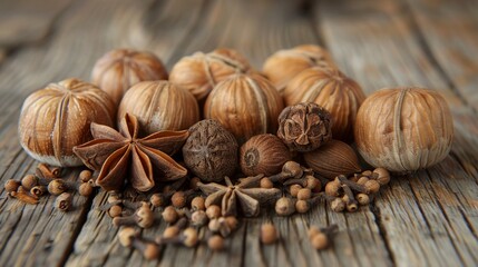 Fototapeta premium Macro photography displaying aromatic sweet spices cinnamon, star anise, and cloves on wooden table