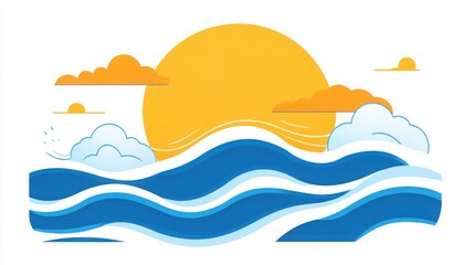 Fototapeta premium abstract sea waves and sun. blue and white lines depicting sea waves and a yellow sun in the sky