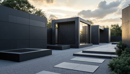 Modern Minimalist Cemetery with Black Granite Tombs and Clean Lines in a Serene Garden Setting, Sunlight Casting Shadows Over Contemporary Memorial Architecture