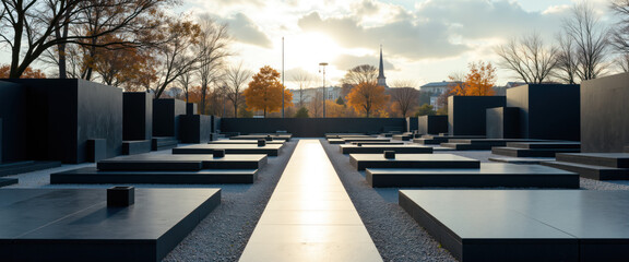 Modern Minimalist Cemetery with Black Granite Tombs and Clean Lines in a Serene Garden Setting, Sunlight Casting Shadows Over Contemporary Memorial Architecture