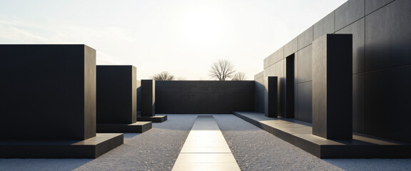 Modern Minimalist Cemetery with Black Granite Tombs and Clean Lines in a Serene Garden Setting, Sunlight Casting Shadows Over Contemporary Memorial Architecture