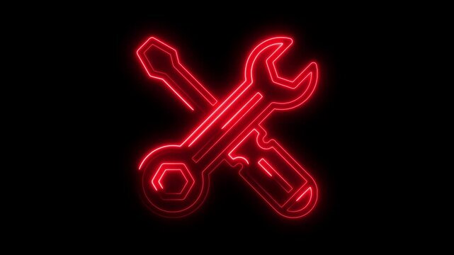 Crossed wrench and screwdriver icon with red neon glow on black background