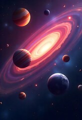 Fantasy space scene with glowing ringed planets high resolution photo