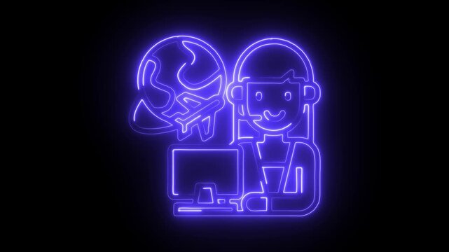 Neon travel agent animation on black background representing travel booking and customer service