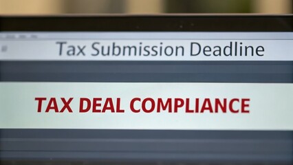 Tax deal compliance concept. Tax compliance information displayed on a digital screen for submission deadlines.