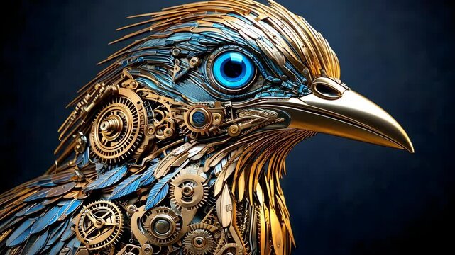 Artistic Mechanical Bird with Complex Gears and Shimmering Metallic Feathers