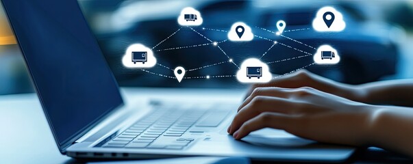 Hands typing on a laptop, overlaid with a network of delivery icons and clouds, suggesting logistics and supply chain management