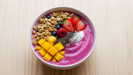 Vibrant Smoothie Bowl with Fresh Fruit, Granola, Mango and Chia Seeds on a Light Wood Surface