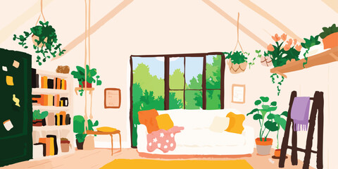 Obraz premium Cozy Interior with Lush Greenery - Illustrated Scene 