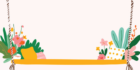 A whimsical illustration of a wooden swing adorned with vibrant flowers and lush foliage, evoking feelings of serenity, peace, and playfulness.