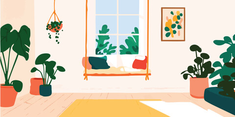 Cozy window seat with indoor plants and hanging planter, creating a serene and relaxing atmosphere.