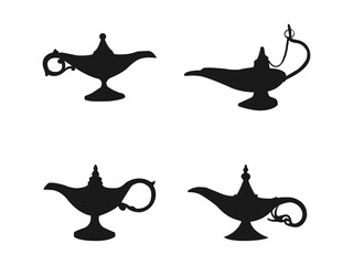 Silhouette of Aladdin's magic lamp. Simple black vector symbol. Magic, Genie magic lamp.Simple black vector symbol. Flat Silhouette vector illustration.