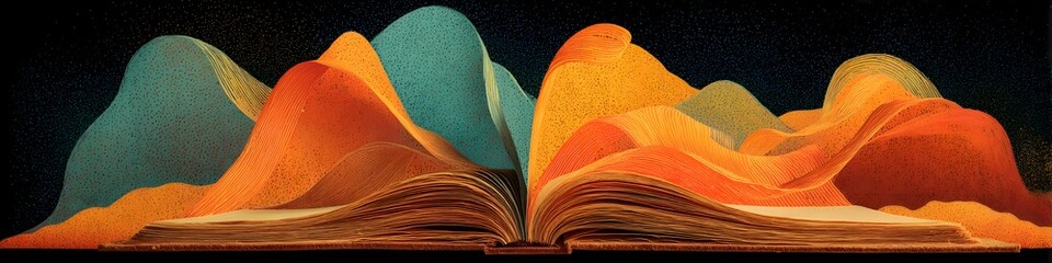 Abstract Book with Vibrant Waves: A stylized book opens, its pages transforming into fluid waves of color, symbolizing knowledge, imagination, and the boundless potential of storytelling.
