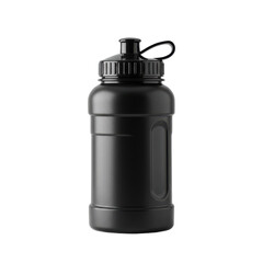A sleek, black water bottle with a simple design is seen, rendered against dark background