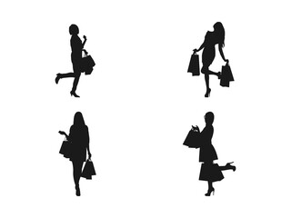 Shopping silhouette set. Silhouettes of women shopping, highlighting retail and consumerism. Black silhouettes of women with shopping bags on a white background.
