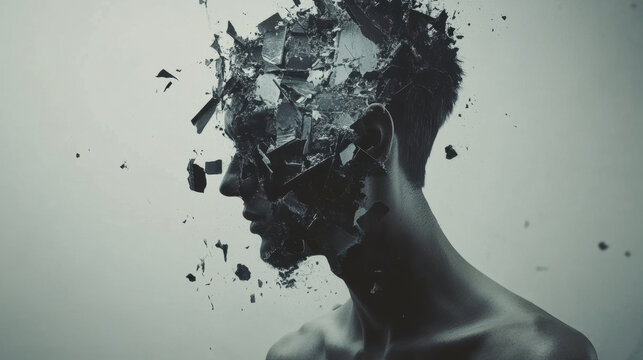 A young man's head exploded on a Grey background. Nervous breakdown.